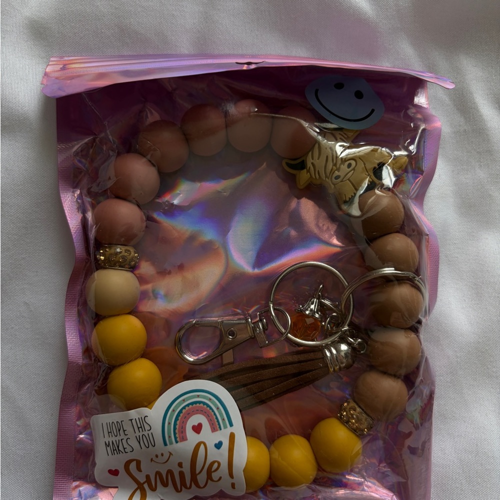 Yellow and Brown Beaded Keychain Bracelet